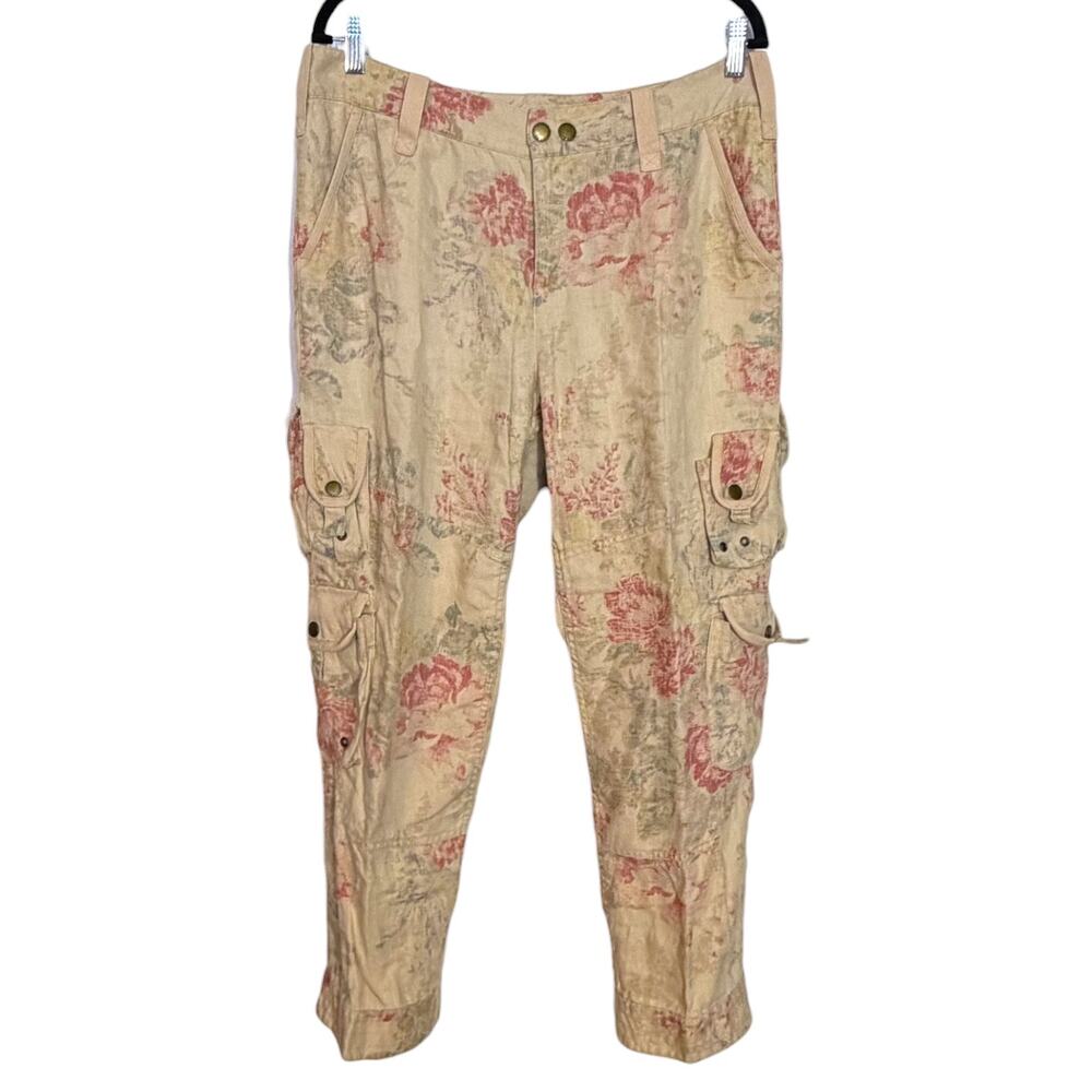 Lauren Ralph Lauren 100% Linen Floral Cargo Pants Beige Pink Multi Pocket 10